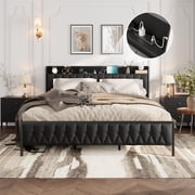 King Upholstered PU Leather Platform Bed   Bed Frame with Built-In Charging Station, 12 Underbed Storage, Metal Construction, Quiet, Black