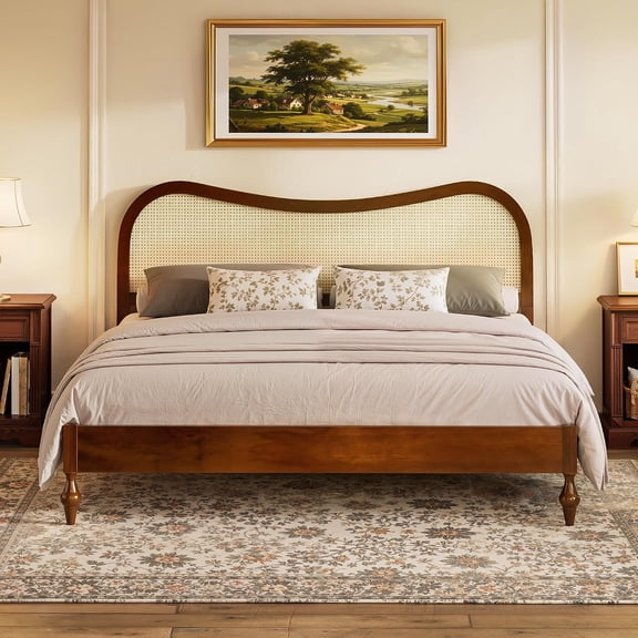 King Bed Frame with Curved Rattan Headboard, Mid-Century Modern Wooden Platform Bed Frame King, Boho Cane Bedframe with Solid Wood Slats Support, No Box Spring Needed, Easy Assembly, Walnut