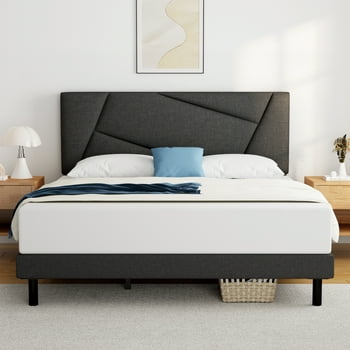 King Bed Frame, HAIIDE King Size Platform Bed Frame with Fabric Upholstered Headboard, Dark Grey