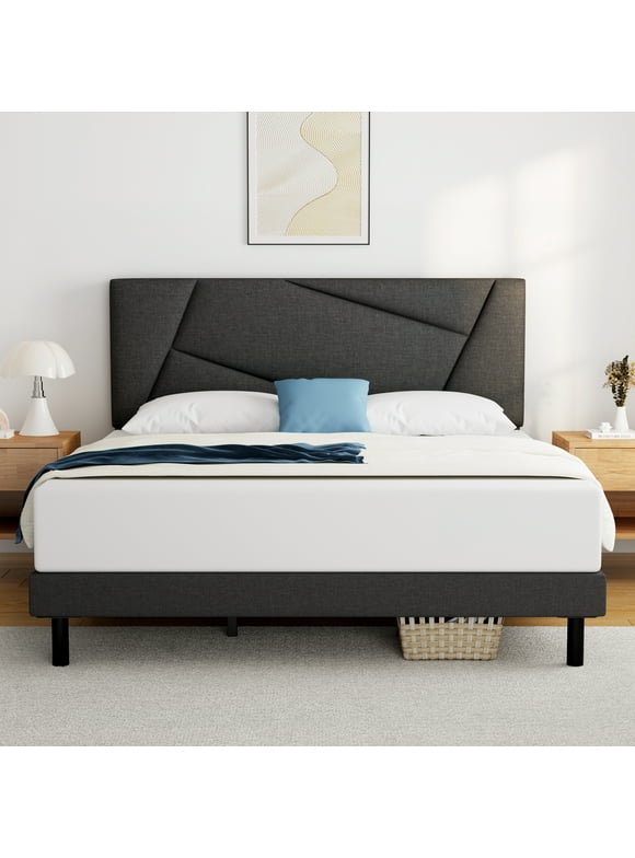 King Bed Frame, HAIIDE King Size Platform Bed Frame with Fabric Upholstered Headboard, Dark Grey