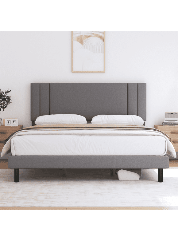 King Bed Frame,HAIIDE King Size Platform Bed Frame with Fabric Upholstered Headboard,No Box Spring Needed,Light Grey