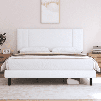 King Bed Frame,HAIIDE King Size Platform Bed Frame with Fabric Upholstered Headboard,No Box Spring Needed,White