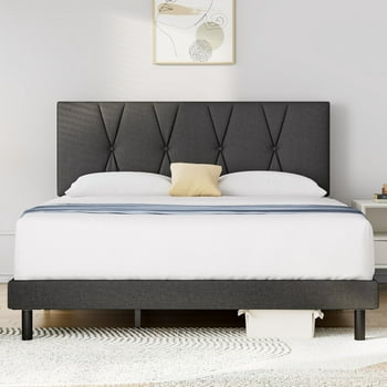 King Bed Frame, HAIIDE King Size Platform Bed With Fabric Upholstered Headboard,Dark Grey