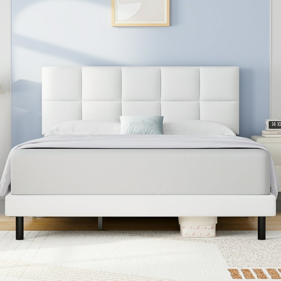 King Bed Frame, HAIIDE King Size Platform Bed With Fabric Upholstered Headboard,Light Grey