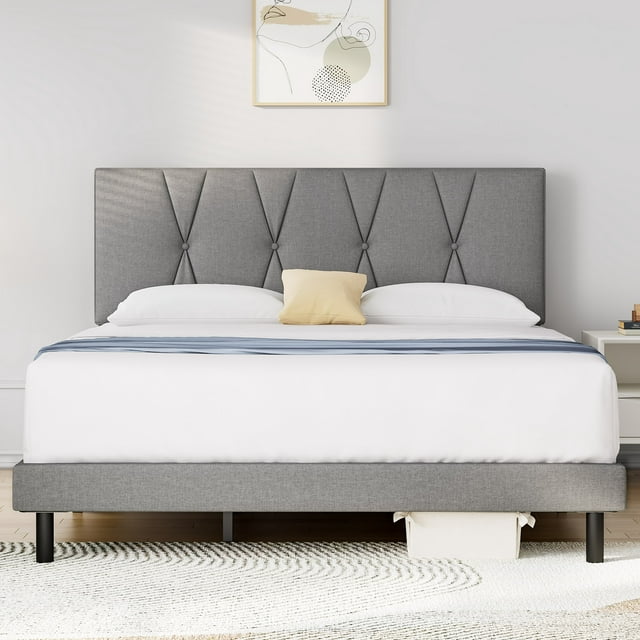 King Bed Frame, HAIIDE King Size Platform Bed With Fabric Upholstered Headboard,Light Grey