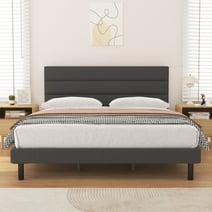 King Bed Frame, HAIIDE King Size Platform Bed with Wingback Fabric Upholstered Headboard, Dark Gray