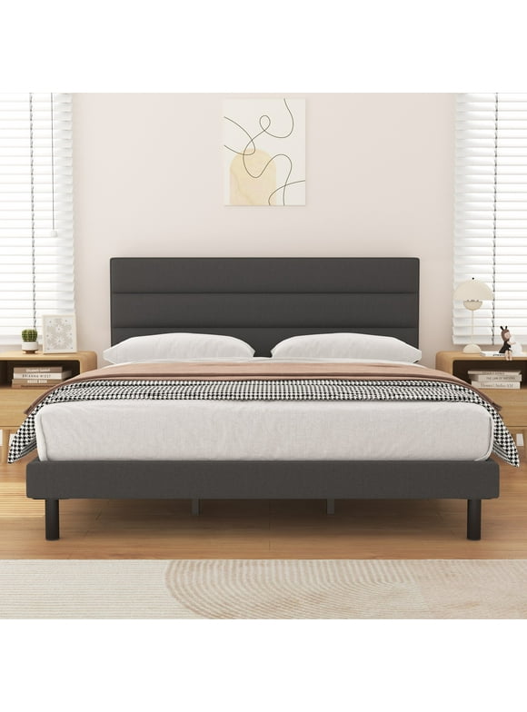 King Bed Frame, HAIIDE King Size Platform Bed with Wingback Fabric Upholstered Headboard, Dark Gray