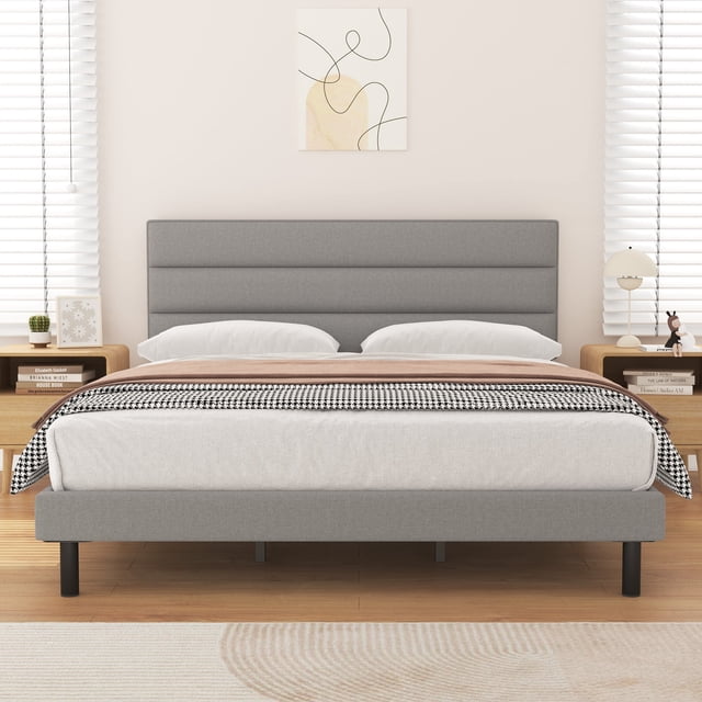 HAIIDE King Size Bed Frame with Upholstered Wingback Headboard, Light ...