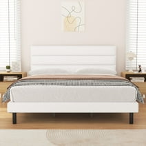 King Bed Frame, HAIIDE King Size Platform Bed with Wingback Fabric Upholstered Headboard, White