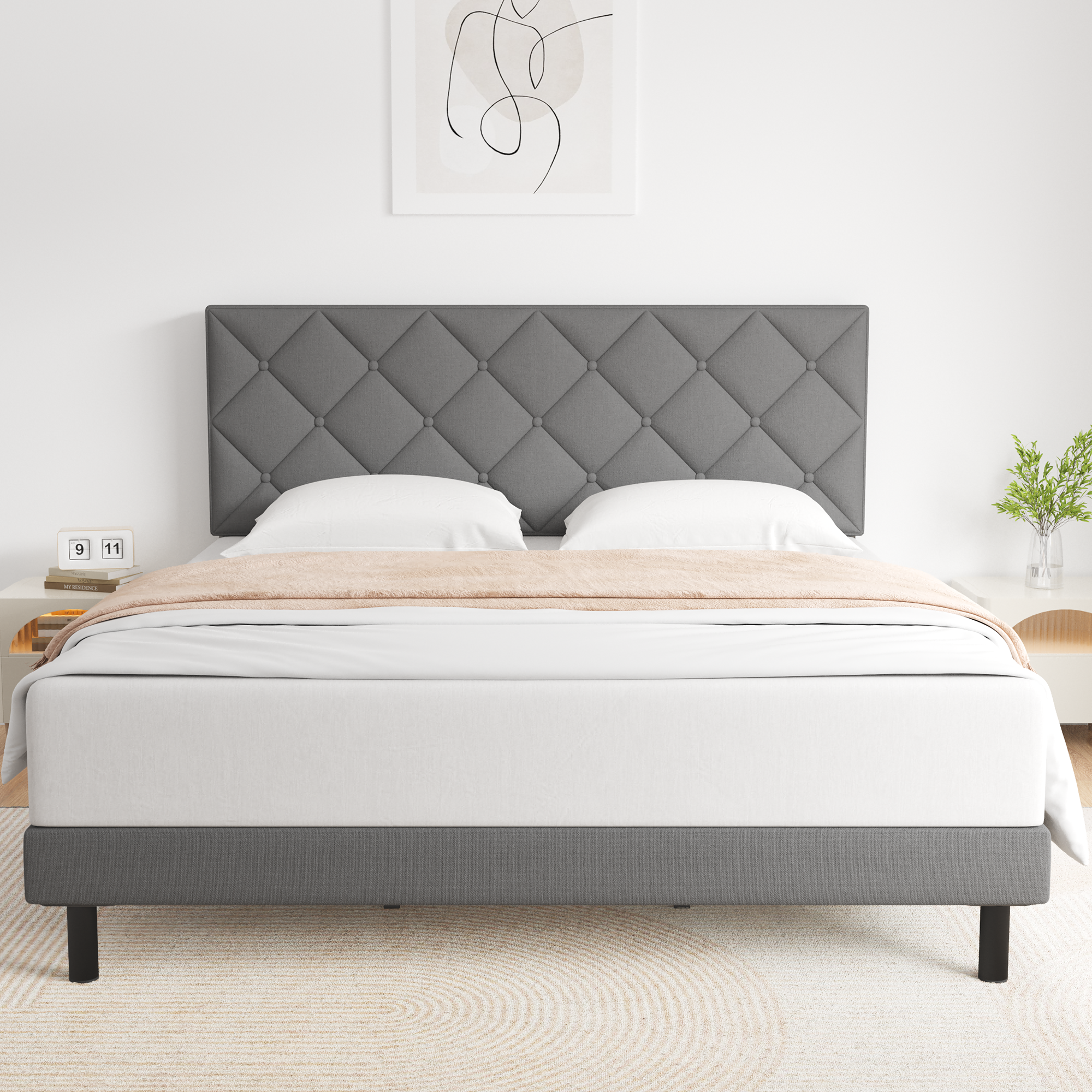 King Bed Frame, HAIIDE King Size bed Frame with Fabric Upholstered Headboard,light Grey, Easy Assembly - image 1 of 7