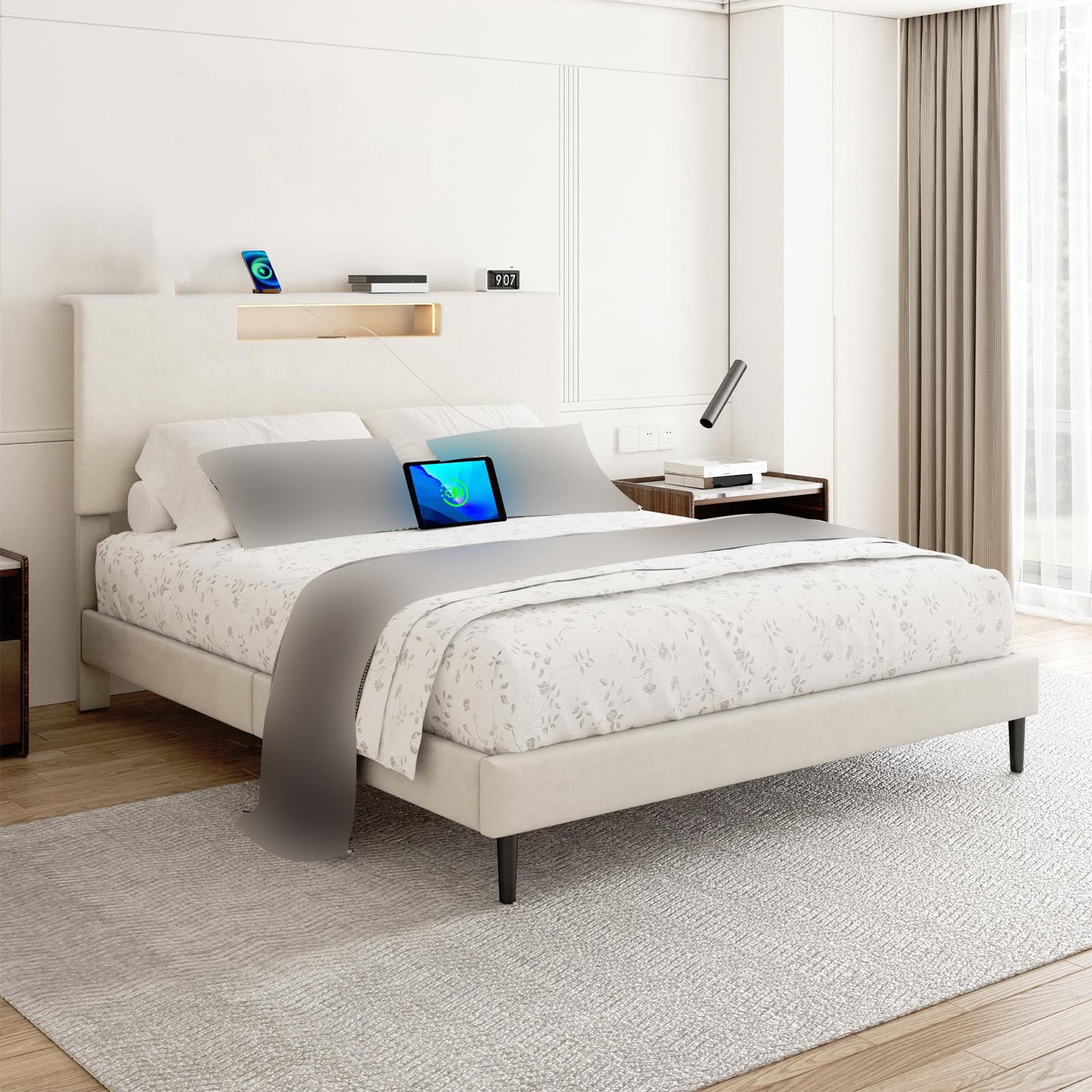 King Bed Frame with Headboard, Beige King Size Bed Frame with LED Light, Upholstered Bed Frame with Charging Station and Remote Control, Wood Bed Frame with Wood Slat Support