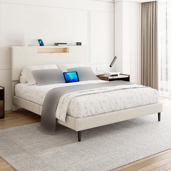 King Bed Frame with Headboard, Beige King Size Bed Frame with LED Light, Upholstered Bed Frame with Charging Station and Remote Control, Wood Bed Frame with Wood Slat Support