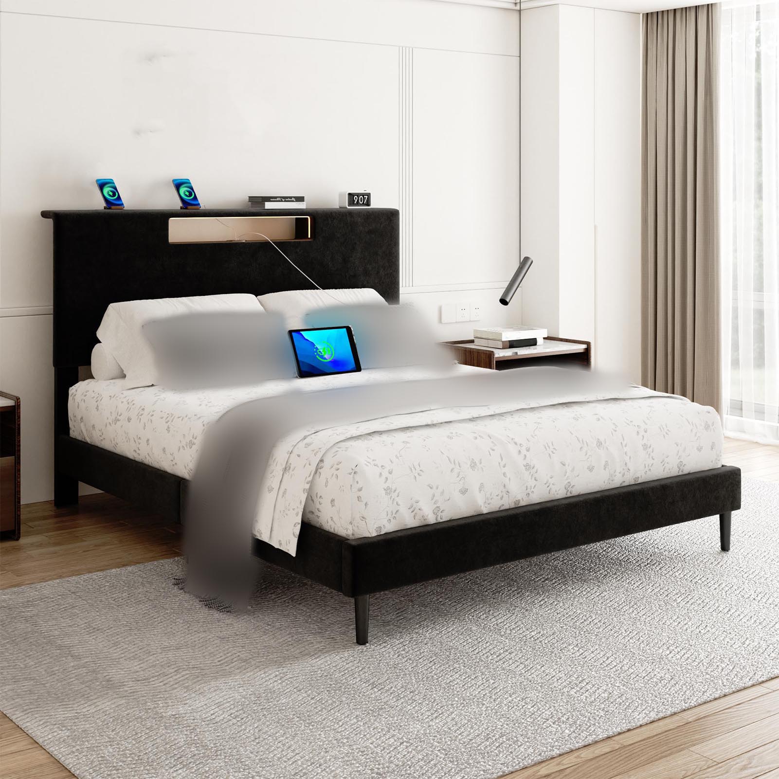King Bed Frame with Headboard, Black King Size Bed Frame with LED Light, Upholstered Bed Frame with Charging Station and Remote Control, Wood Bed Frame with Wood Slat Support
