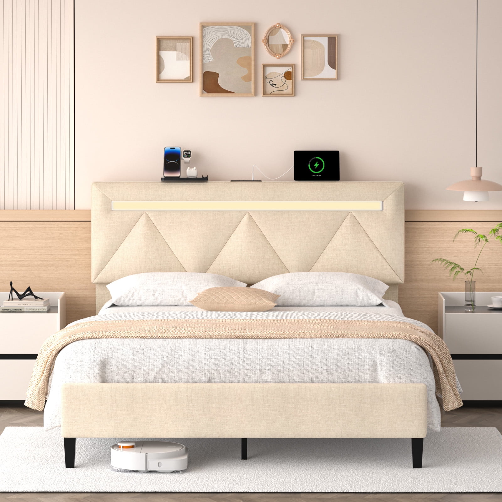 King Size Upholstered Platform Bed Frame With Headboard - Teddy Velvet, Wing Edge Design, Wood Slats, No Box Spring Needed, Brown