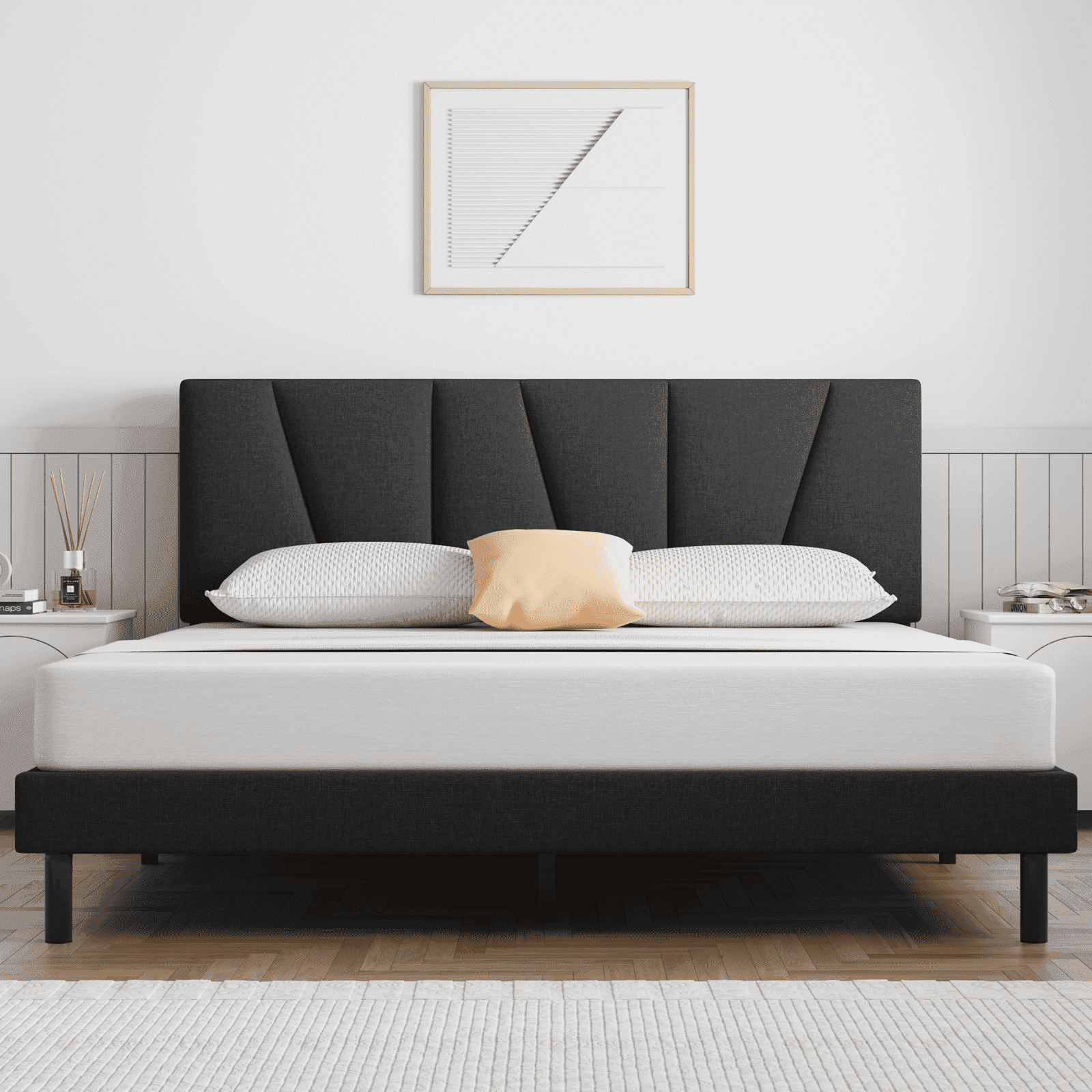 King Bed Frame, King Size Platform Bed with Wingback Headboard, Black ...