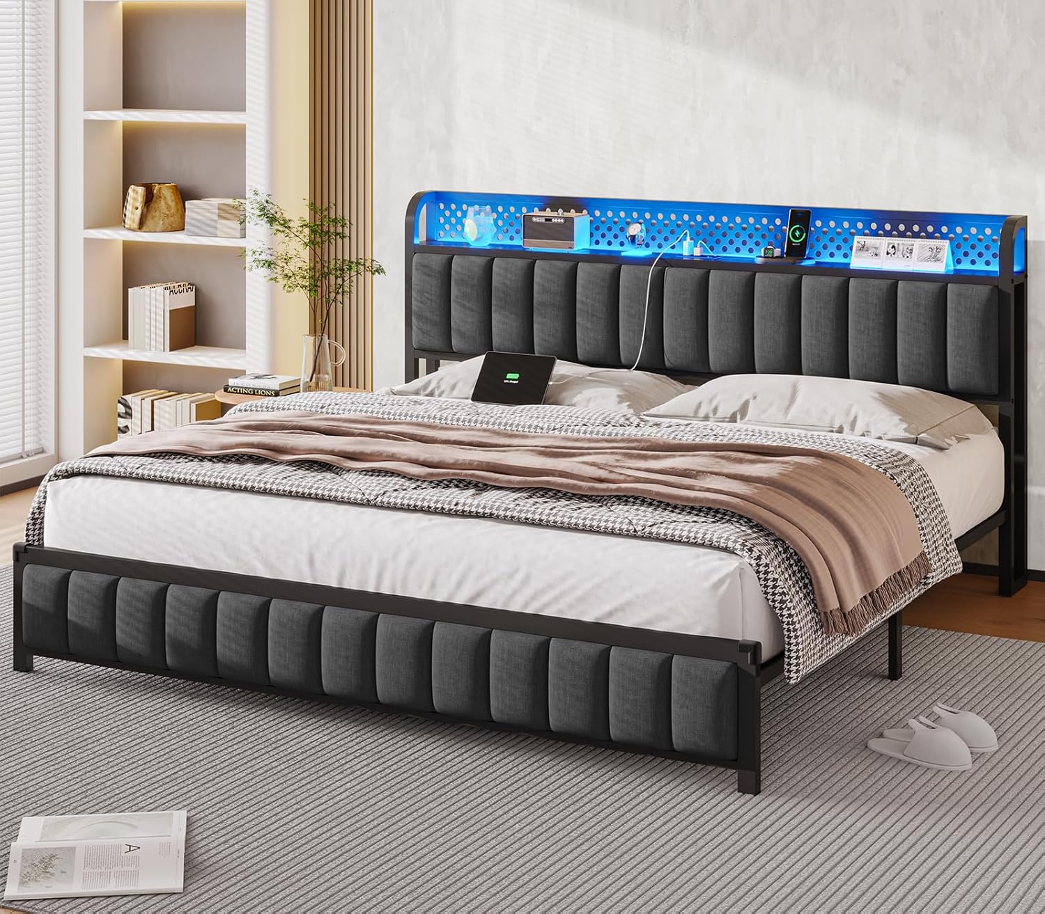King Bed Frame with LED Light Headboard, USB Ports & Outlets