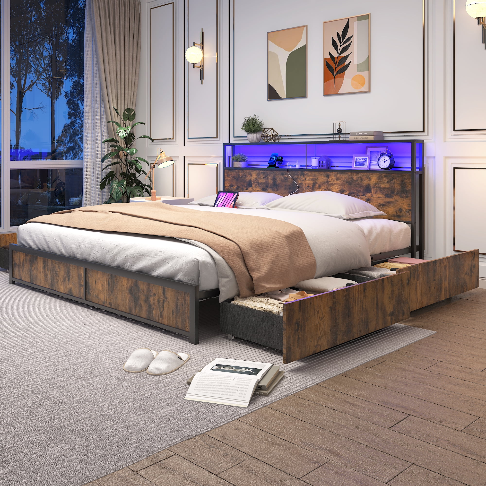 King Bed Frame with LED Lights Headboard and 4 Drawers, Platform Metal Bed Frame with Power Charging Station and USB Ports, No Box Spring Needed, Noise-Free