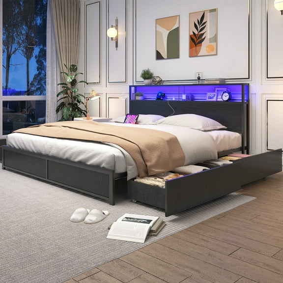 King Bed Frame with LED Lights Headboard and 4 Drawers, Platform Metal Bed Frame with Power Charging Station and USB Ports, No Box Spring Needed, Noise-Free