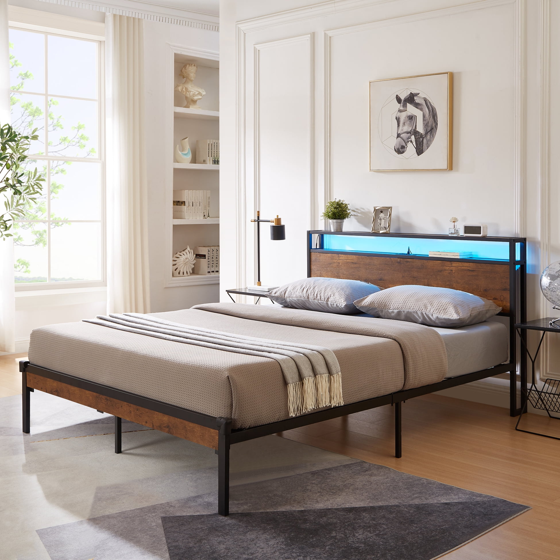 Full Bed Frame With Storage Unikito Full Size Bed Frame With Charging Station And RGB LED Light, Sturdy Platform Bed With Upholstered Headboard, Strong Metal Slats, Noise Free, No Box Spring Needed