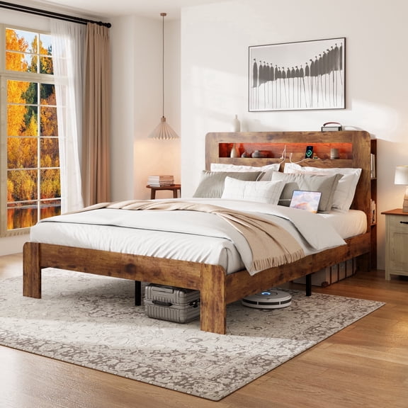 King Bed Frame, Metal Platform Bed Frame with Storage LED Light Headboard and 2 USB, Noise Free, No Box Spring Needed, Dark Brown