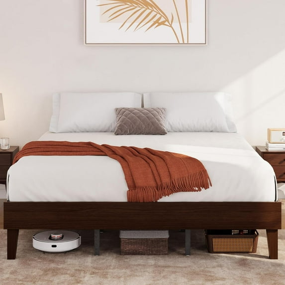 King Bed Frame Natural Solid Wood Platform Bed with Wooden Slats Support, 12-inch Underbed Space for Storage, Noise-Free Design, Easy Assembly, Dark Walnut Finish