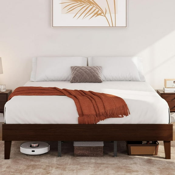 King Bed Frame Natural Solid Wood Platform Bed with Wooden Slats Support, 12-inch Underbed Space for Storage, Noise-Free Design, Easy Assembly, Dark Walnut Finish