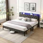 King Bed Frame, King Size Bed Frame with Storage Headboard, Built-in Charging Station and LED Lights, 11" Under Bed Storage, King Bed Frame No Box Spring Needed for Teens and Adults, Grey