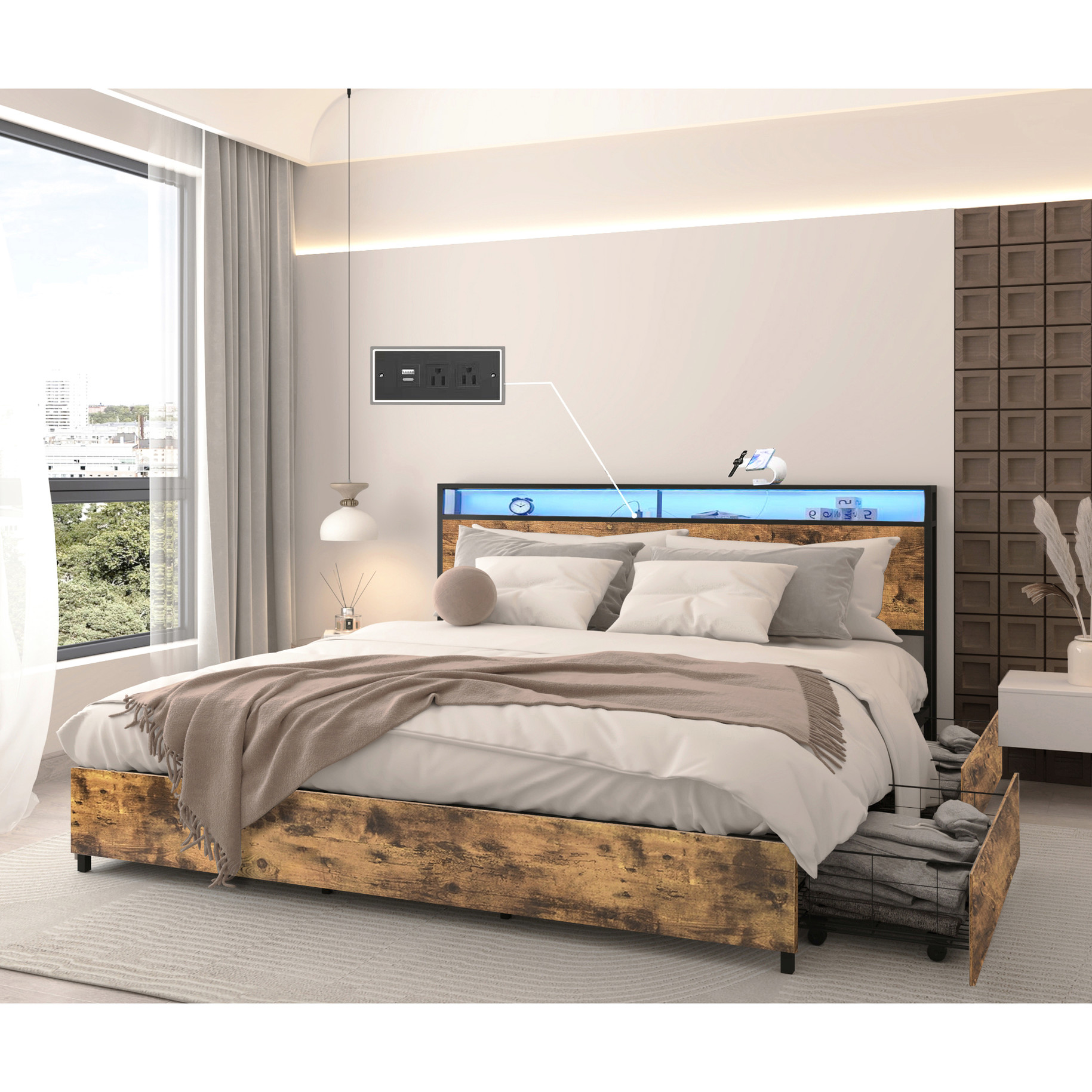 King Bed Frame | Smart LED Lighting & Storage | Durable Metal Frame ...