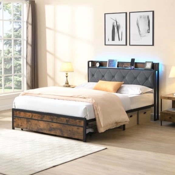 King Bed Frame with Storage, Bed Frame with LED Lights Upholstered Headboard and 2 Drawers, USB & Charging Station, No Box Spring Needed, Easy Assembly, Grey KING