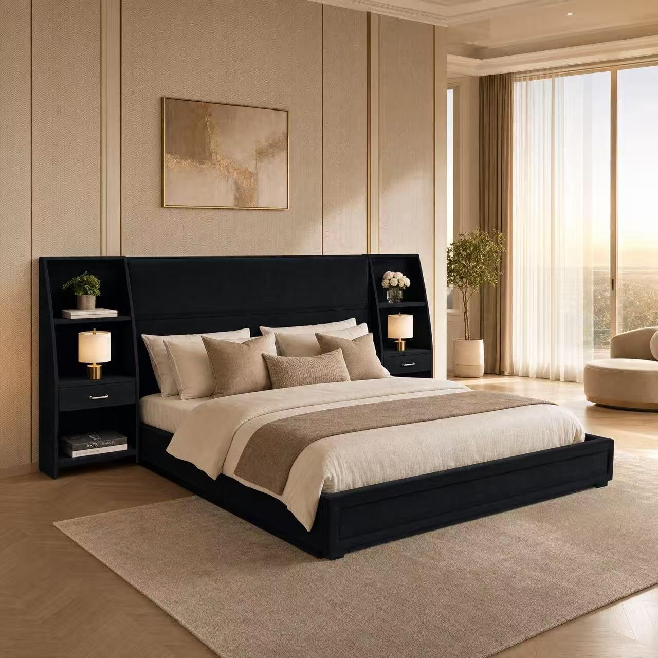 King Bed Frame with Storage Drawer, Velvet Platform Bed and Headboard Black | Upholstered Wooden Bed with Back, Heavy Duty Wooden Slats, No Box Spring Needed, Noise-Free, for Apartment, Easy Assembly