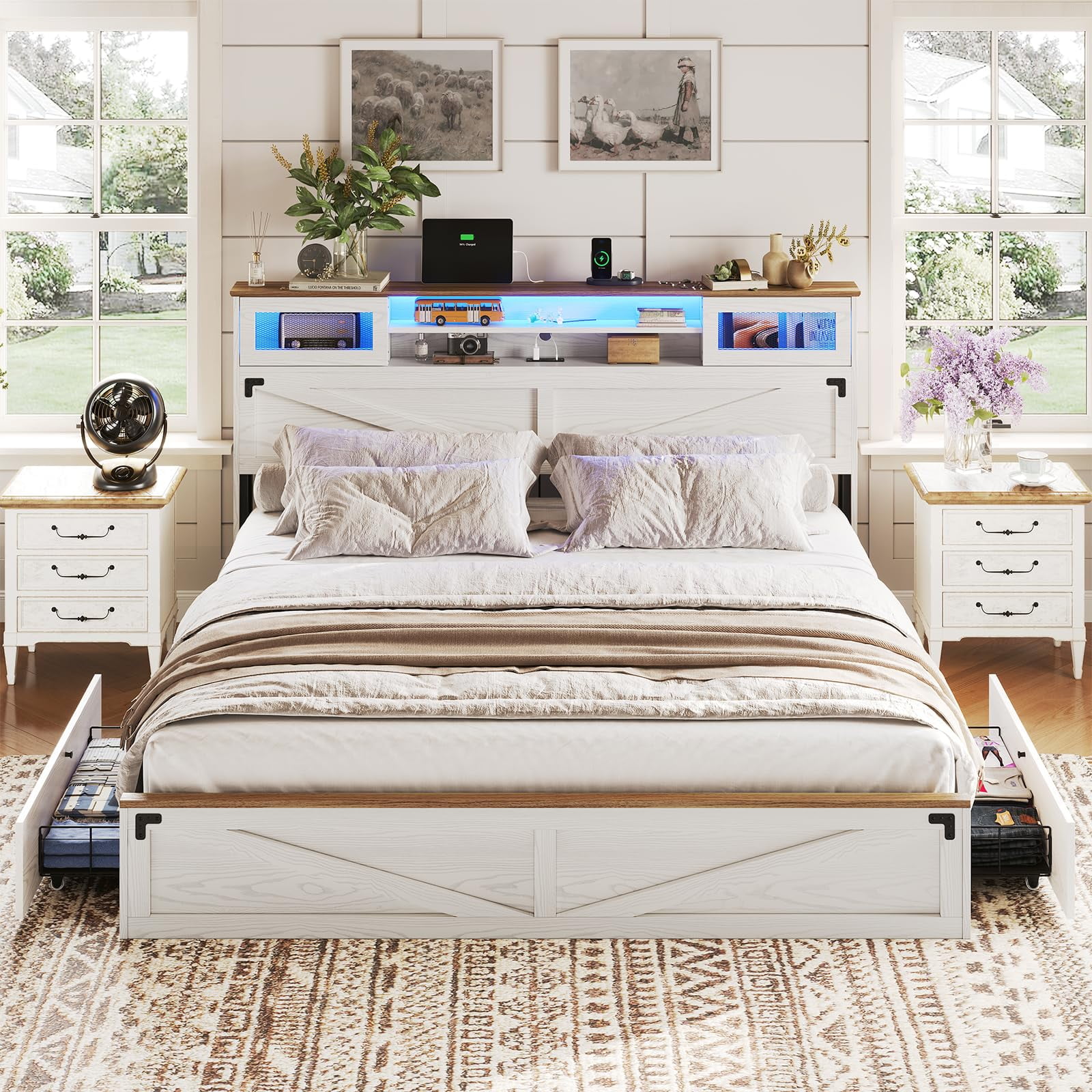 King White Oak Bed Frame with Storage and LED Headboard