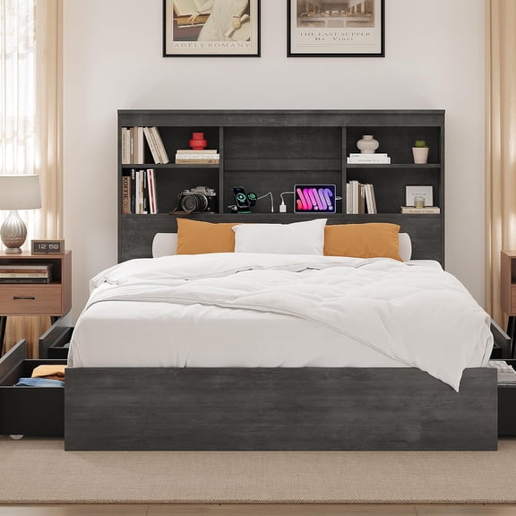 King Bed Frame with Storage Headboard, Wooden Bed Frame with Charging Station, Storage Bookcase & King Size Platform Bed with 4 Drawers, No Box Spring Needed, Noise-Free,Ink