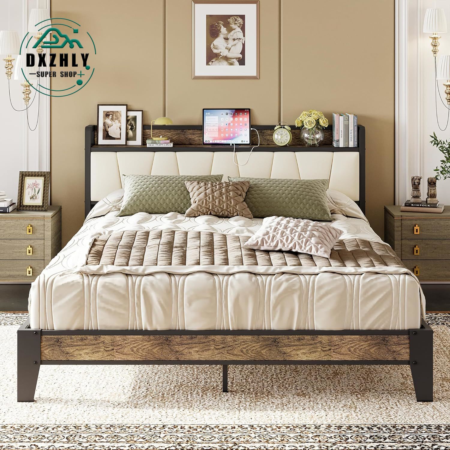 King Bed Frame, Storage Headboard with Charging Station, Solid and