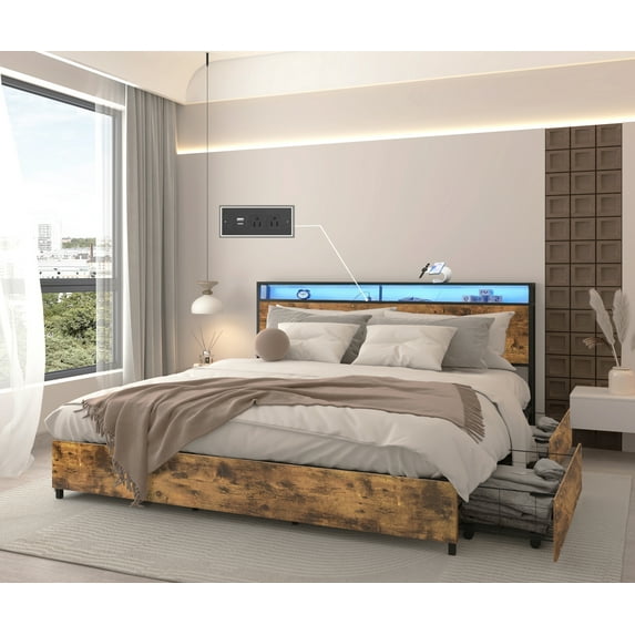 King Bed Frame, Storage Headboard with Charging Station, Solid and Stable, Noise Free, No Box Spring Needed, Easy Assembly