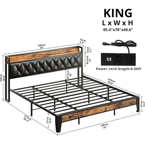 King Bed Frame, Storage Headboard with Outlets, Easy to Install, Sturdy and Stable, No Box Springs Needed, Rustic Brown and Black