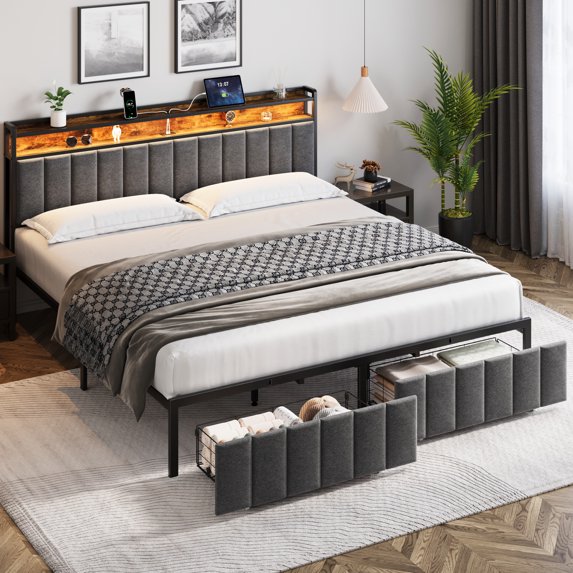 King Bed Frame with Storage, Upholstered Bed Frame with LED Lights Headboard and 2 Drawers, King Size Bed with Charging Station, Noise-Free, No Box Spring Needed, Easy Assembly, Grey