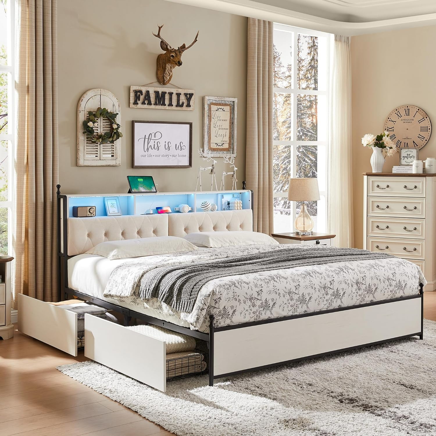 King Bed Frame with Storage Upholstered Headboard and 4 Drawers