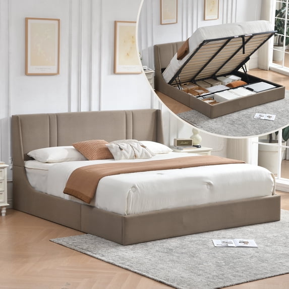 King Bed Frame with Storage, Upholstered Platform Bed with Lift up System, Linen Fabric Wingback Headboard, Wood Slats Support, Easy Assembly, No Box Spring Needed, Brown