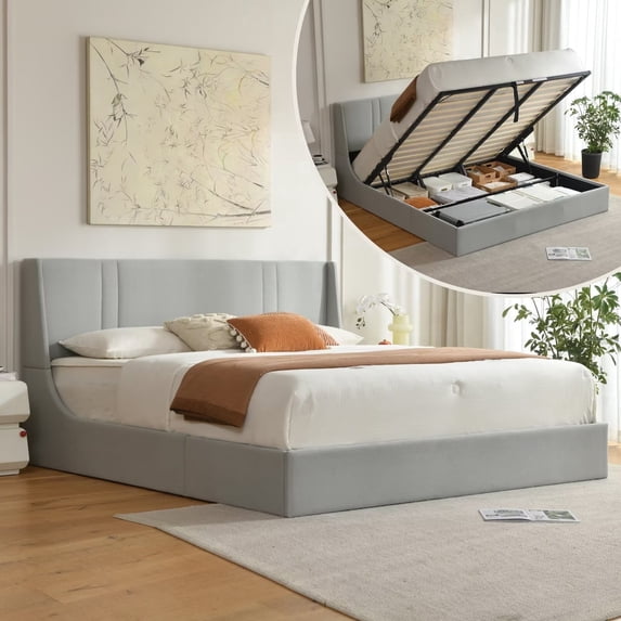 King Bed Frame with Storage, Upholstered Platform Bed with Lift up System, Linen Fabric Wingback Headboard, Wood Slats Support, Easy Assembly, No Box Spring Needed, Gray