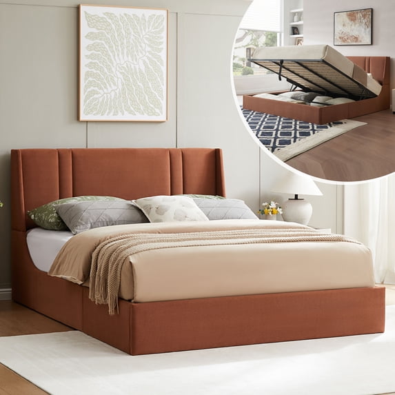 King Lift up Large Storage Platform Bed Frame with Fabric Upholstered Wingback 41.73" High Headboard,Ocher