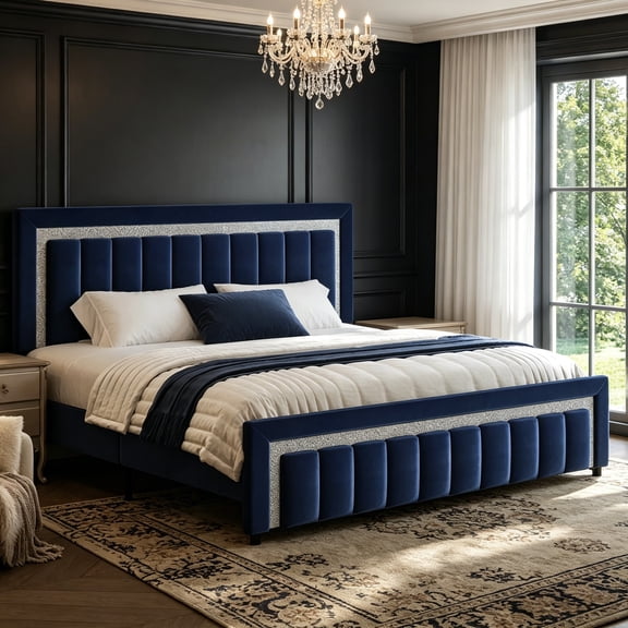 4 EVER WINNER King Bed Frame with Headboard, Velvet Upholstered Platform Bed Frame King Size with Diamond Headboard & Footboard, Wooden Slats Support, No Box Spring Required, Easy Assembly, Blue