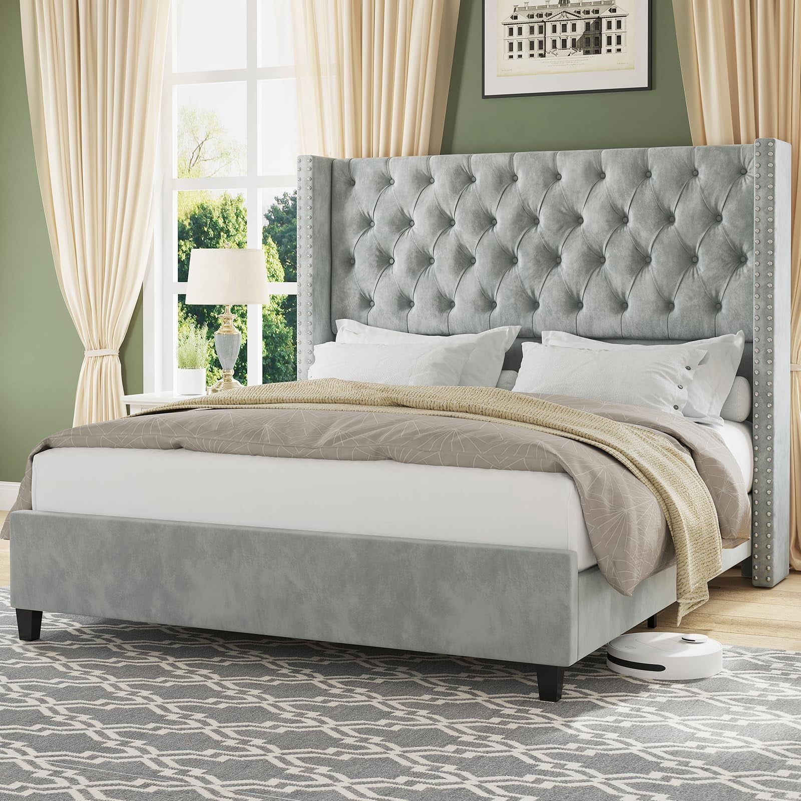King Bed Frame Upholstered Bed Frame Queen Size with 51.6" Handmade ...