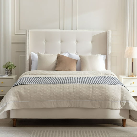 King Bed Frame Upholstered Bed with Tall Headboard, Velvet Platform Bed King Size, No Box Spring Needed, Easy Assembly, Cream