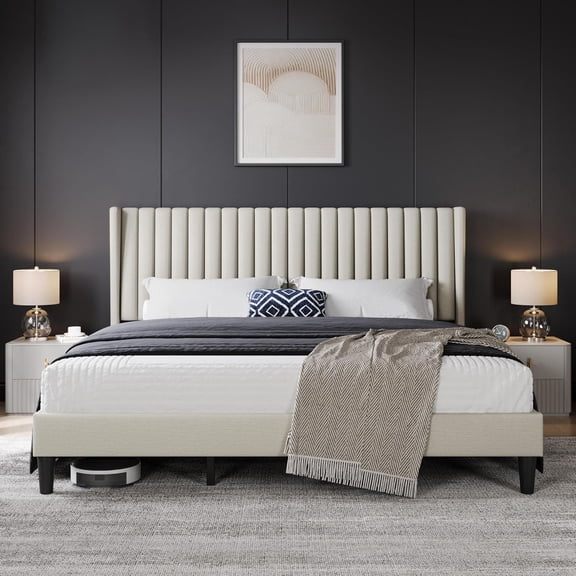 King Bed Frame Upholstered Platform Bed with Fabric Headboard, Wing Edge Design/Non-Slip and Noise-Free/Wooden Slats Support/No Box Spring Needed/Easy Assembly, Beige King Bed