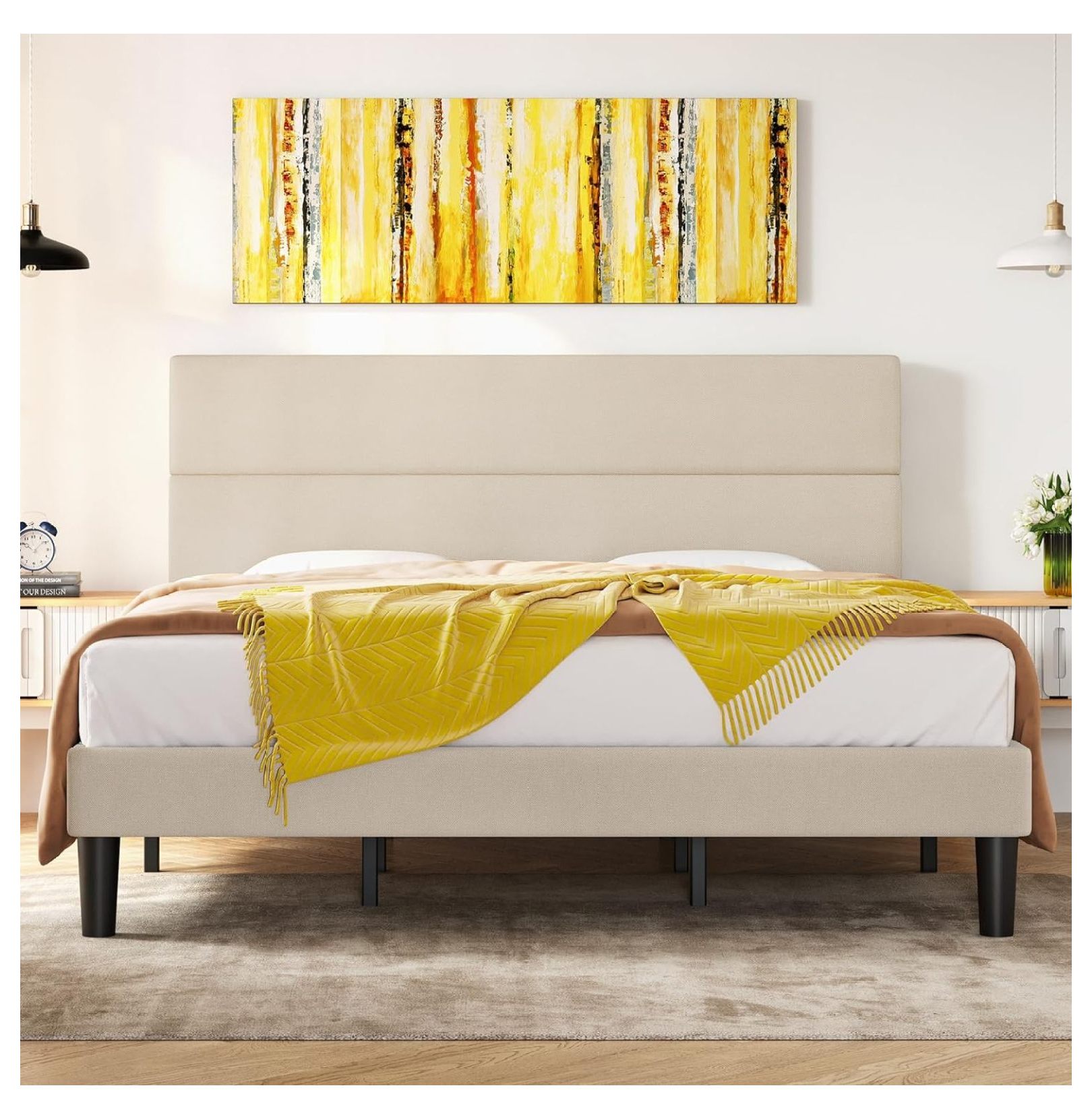 King Bed Frame,Upholstered Platform with Headboard,Soft Linen Fabric