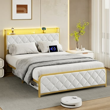 King Bed Frame, Velvet Upholstered Platform Bed with Diamond Tufted Headboard