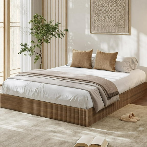 King Bed Frame, Wood Platform Bed with Fluted Design, Low Profile BedFrame, Minimalist Bed Base with Noise-Free, Easy Assembly, No Box Spring Needed, Walnut