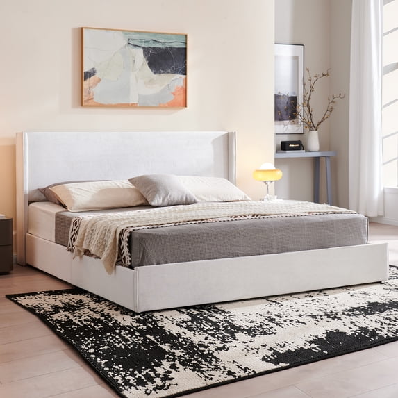 King Bed Frame and Upholstered Headboard, Platform Bed with Storage Drawers , Sturdy, Noiseless, No Box Spring Needed, Easy Assembly, Cream
