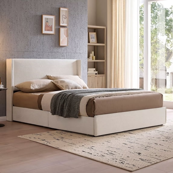 Queen Bed Frame and Upholstered Headboard, Platform Bed with Storage Drawers , Sturdy, Noiseless, No Box Spring Needed, Easy Assembly, Cream