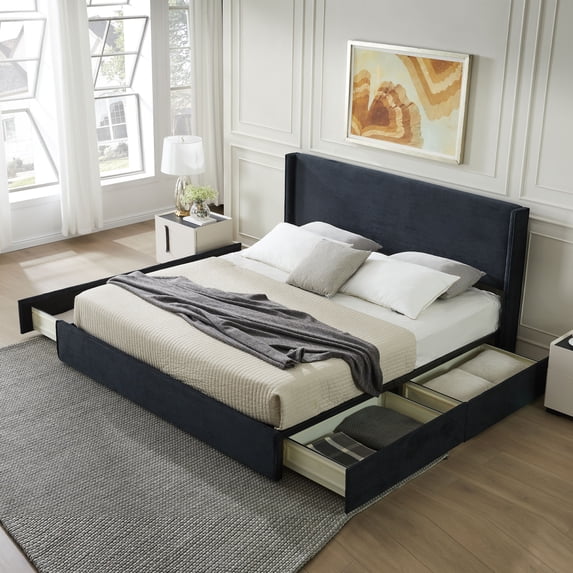 King Bed Frame and Upholstered Headboard, Platform Bed with Storage Drawers , Sturdy, Noiseless, No Box Spring Needed, Easy Assembly, Black